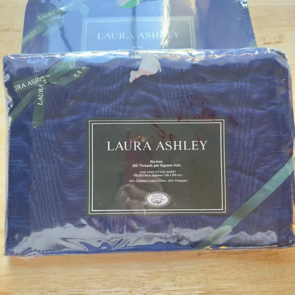 Laura Ashley Salon Navy Vintage Cotton No-Iron 1991 KING Sheets Flat Fitted NEW‎